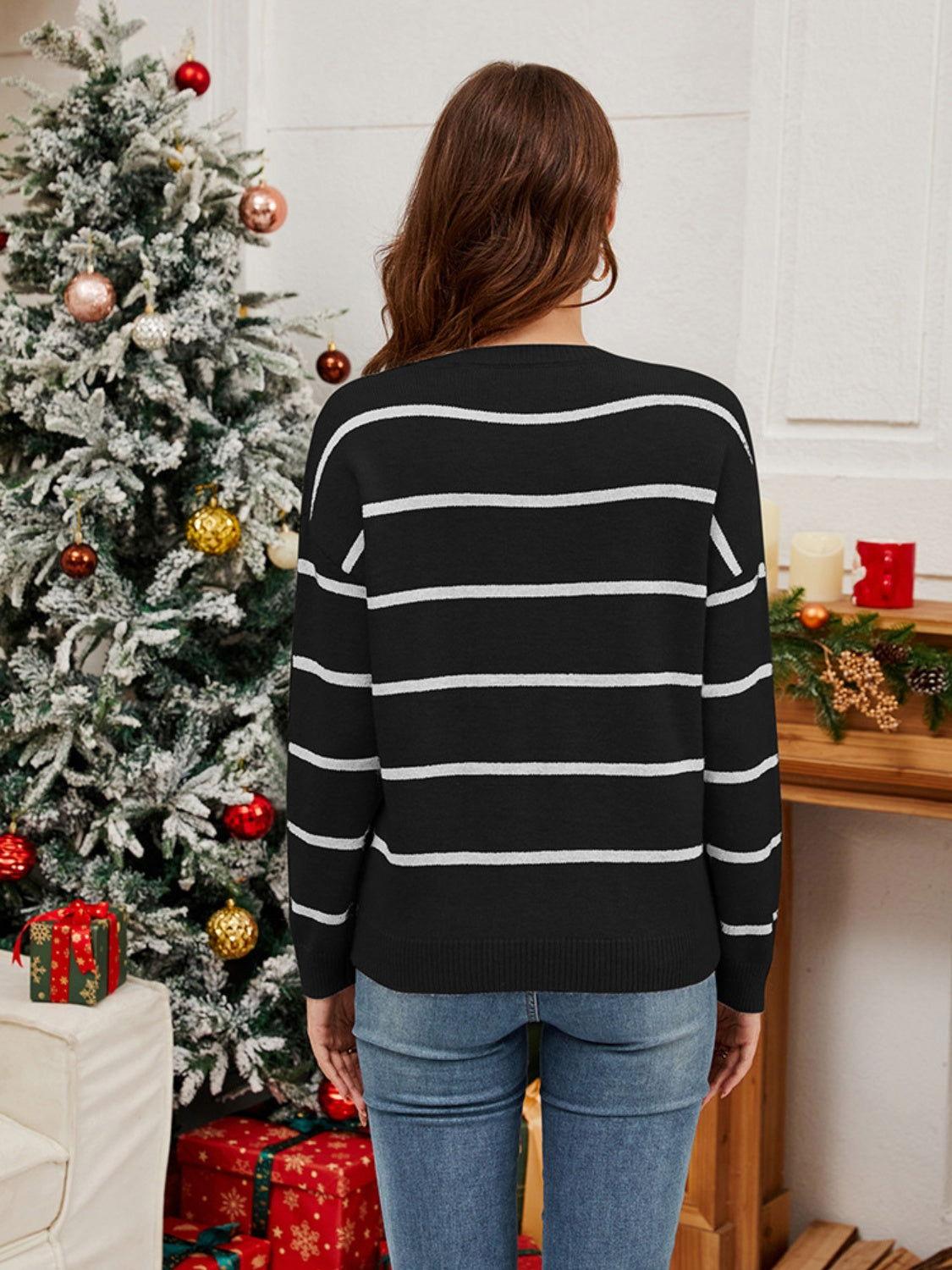 Sequin Santa Striped Round Neck Long Sleeve Sweater - Clothes For Her Online Store