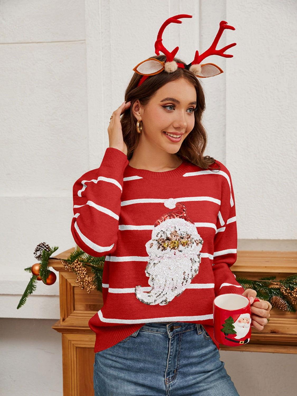 Sequin Santa Striped Round Neck Long Sleeve Sweater - Clothes For Her Online Store