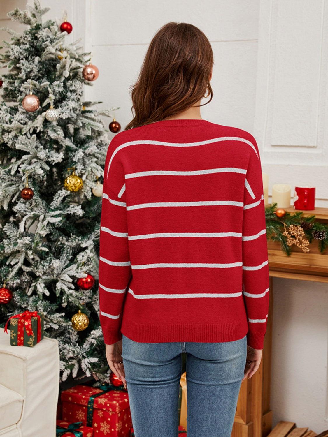 Sequin Santa Striped Round Neck Long Sleeve Sweater - Clothes For Her Online Store