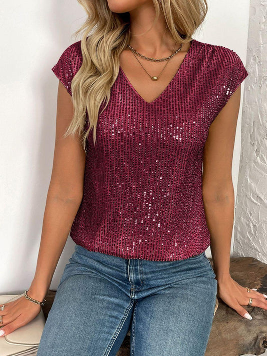 Sequin V-Neck Cap Sleeve Top - Clothes For Her Online Store