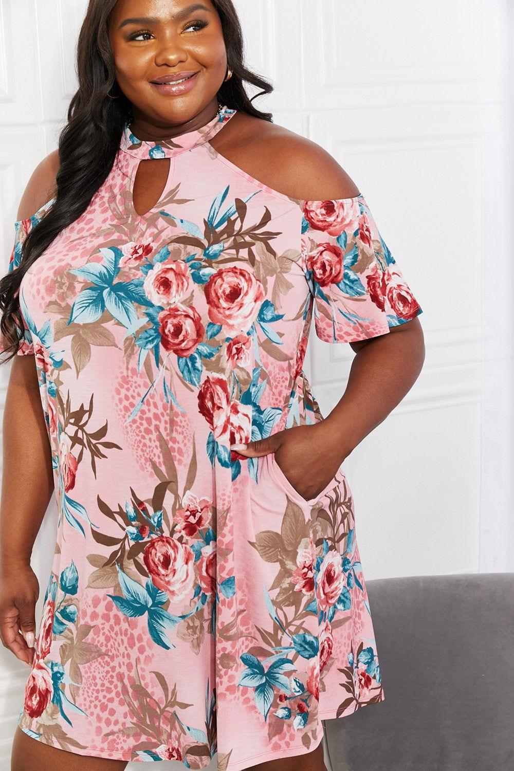 Sew In Love Full Size Fresh-Cut Flowers Cold-Shoulder Dress - Clothes For Her Online Store