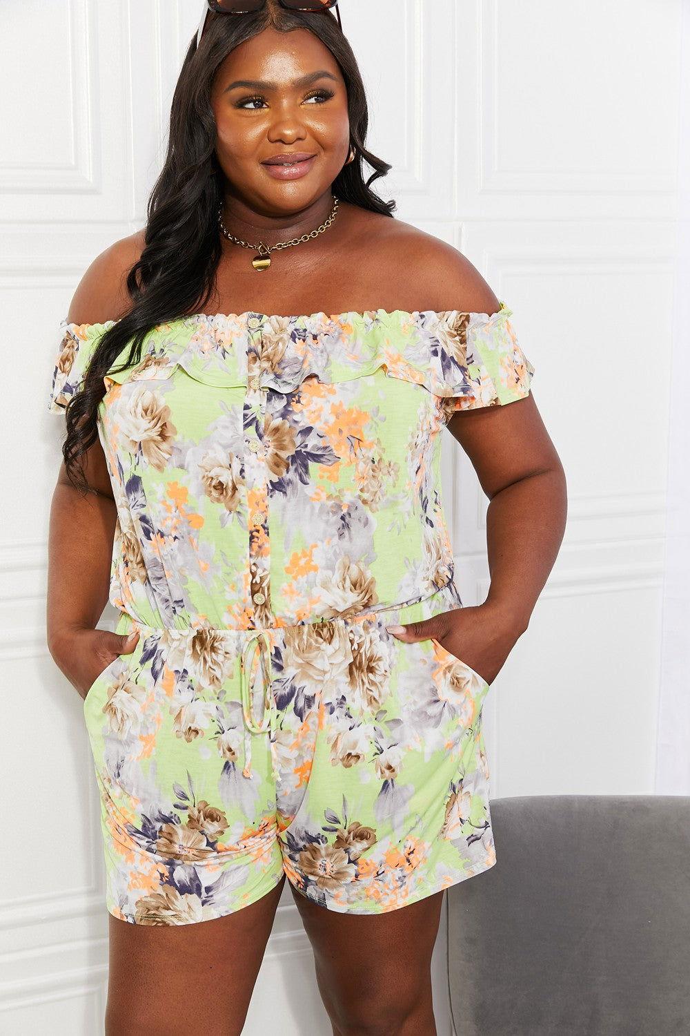 Sew In Love Full Size Pure Delight Floral Off-Shoulder Romper - Clothes For Her Online Store