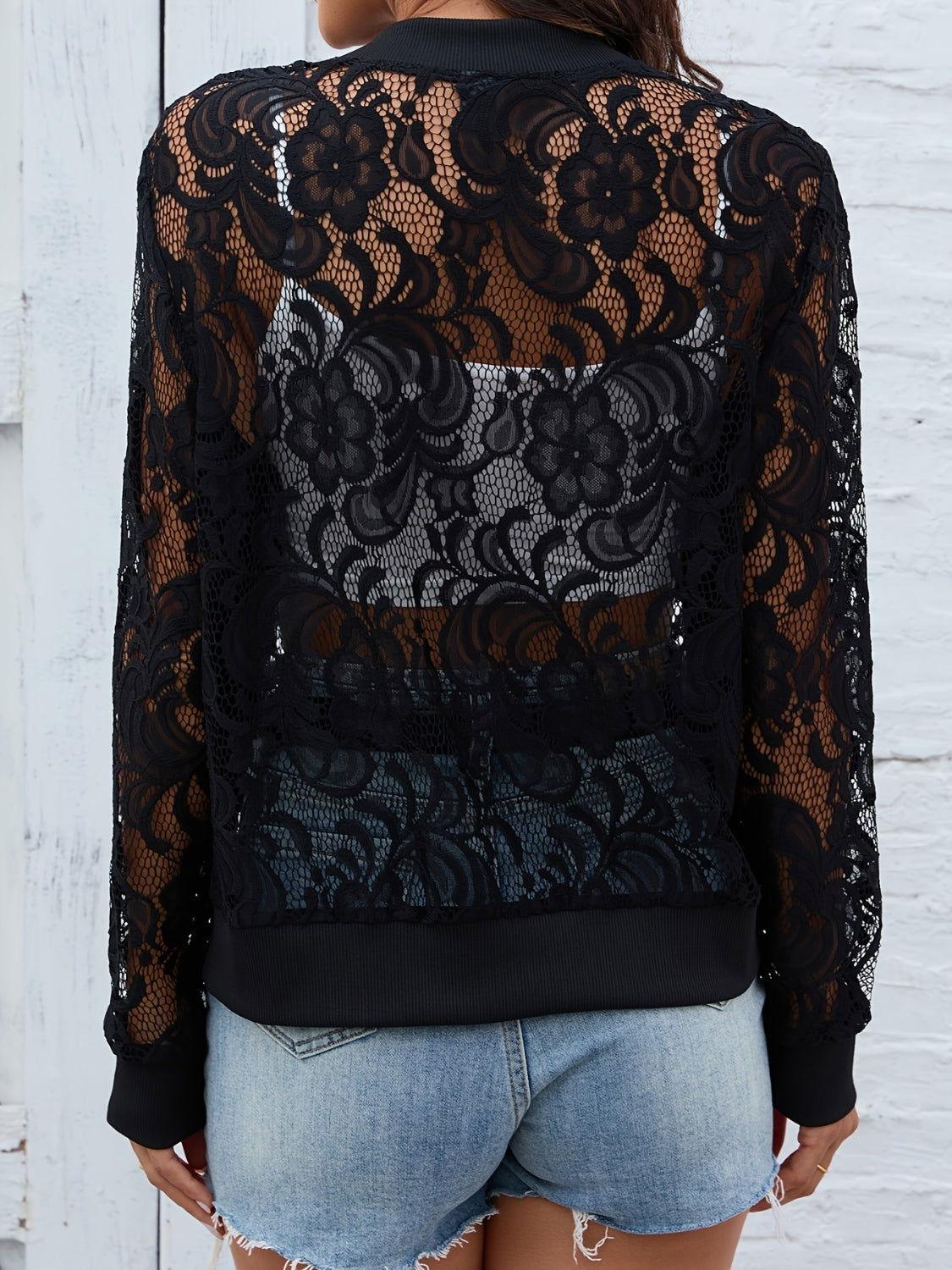 Sheer Lace Zip Up Long Sleeve Jacket - Clothes For Her Online Store
