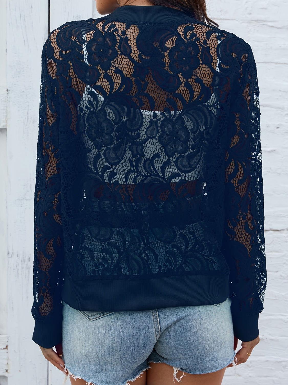 Sheer Lace Zip Up Long Sleeve Jacket - Clothes For Her Online Store