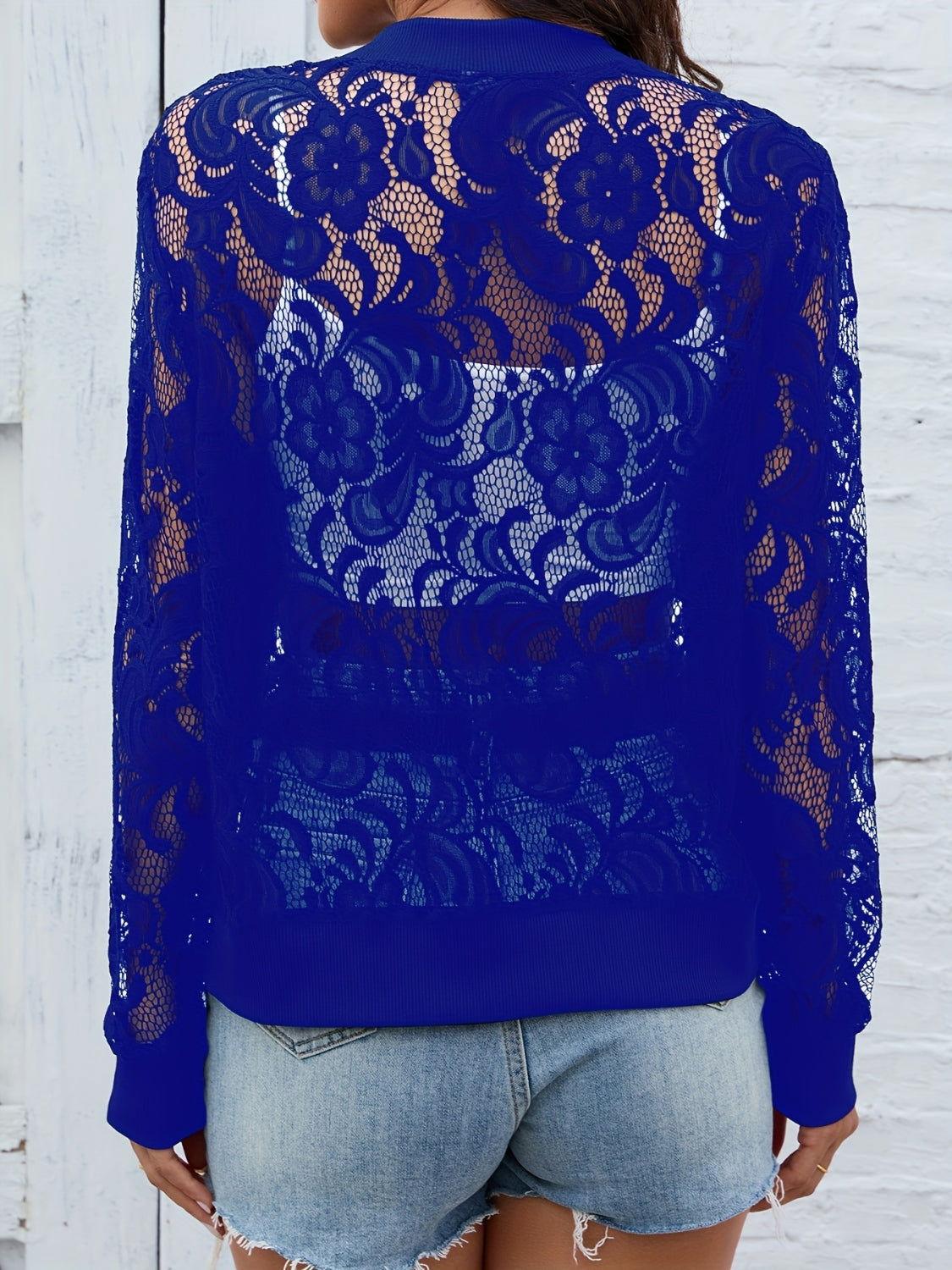Sheer Lace Zip Up Long Sleeve Jacket - Clothes For Her Online Store