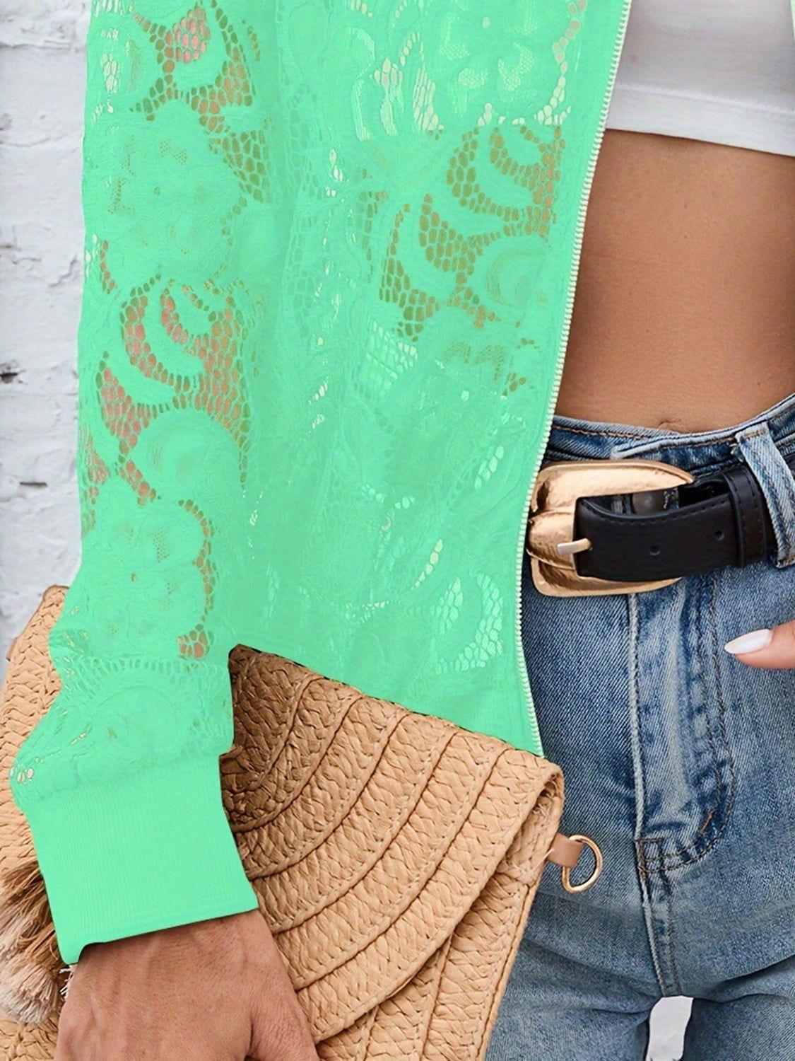 Sheer Lace Zip Up Long Sleeve Jacket - Clothes For Her Online Store