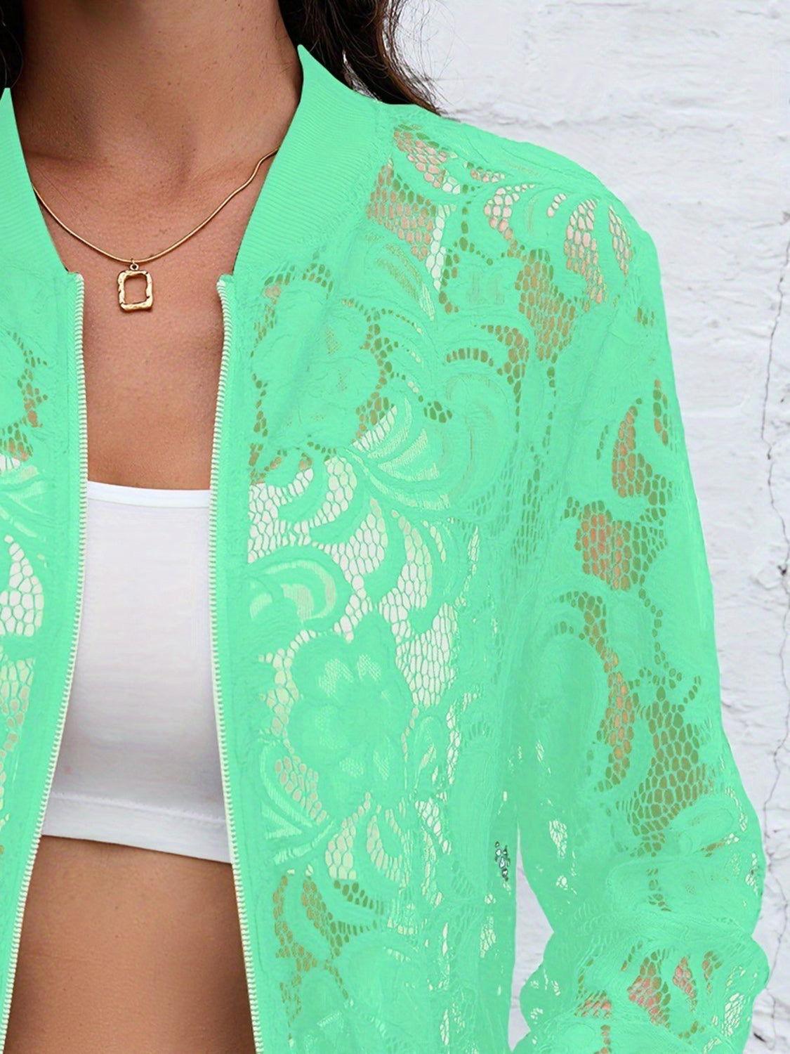 Sheer Lace Zip Up Long Sleeve Jacket - Clothes For Her Online Store