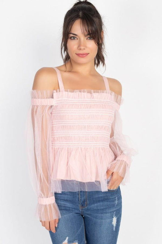 Sheer Mesh Open Shoulder Top - Clothes For Her Online Store