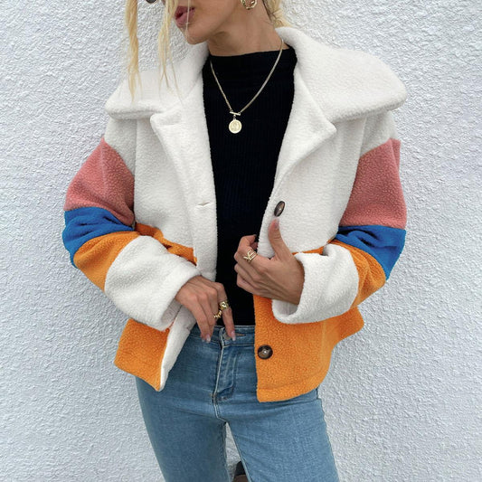 Shiny Color Block Button Down Collared Jacket - Clothes For Her Online Store