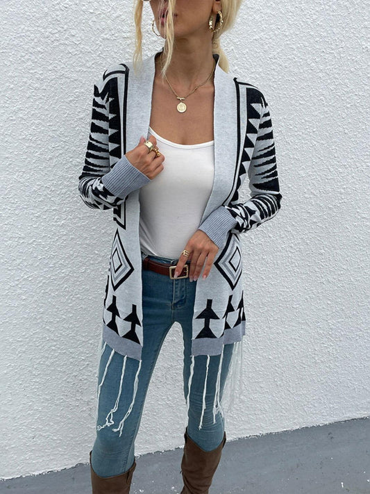 Shiny Geometric Fringe Hem Open Front Cardigan - Clothes For Her Online Store