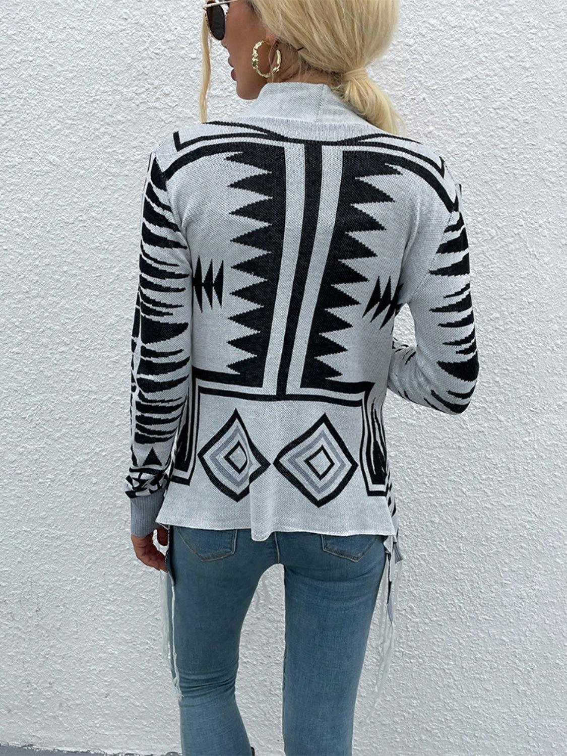 Shiny Geometric Fringe Hem Open Front Cardigan - Clothes For Her Online Store