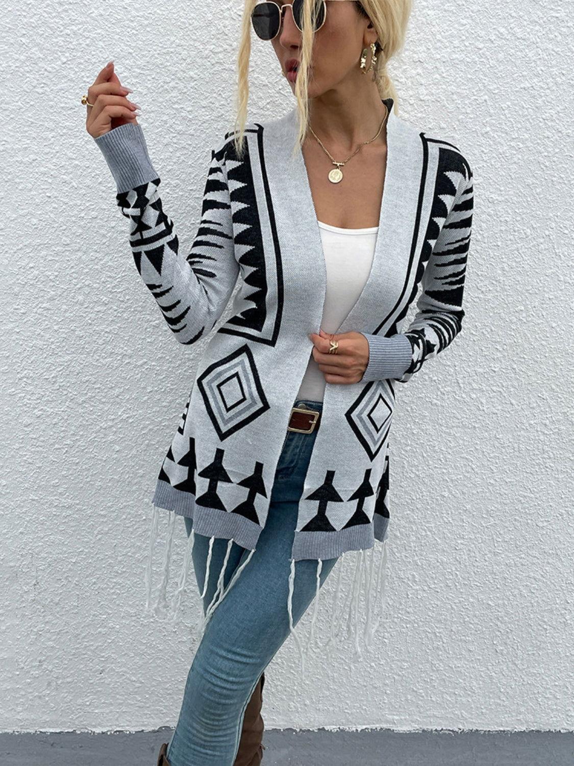 Shiny Geometric Fringe Hem Open Front Cardigan - Clothes For Her Online Store
