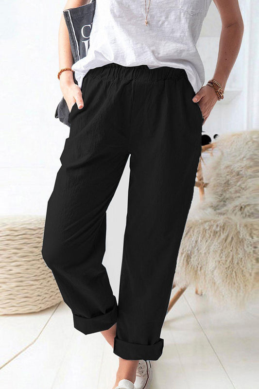 Shiny Paperbag Waist Pull-On Pants with Pockets - Clothes For Her Online Store