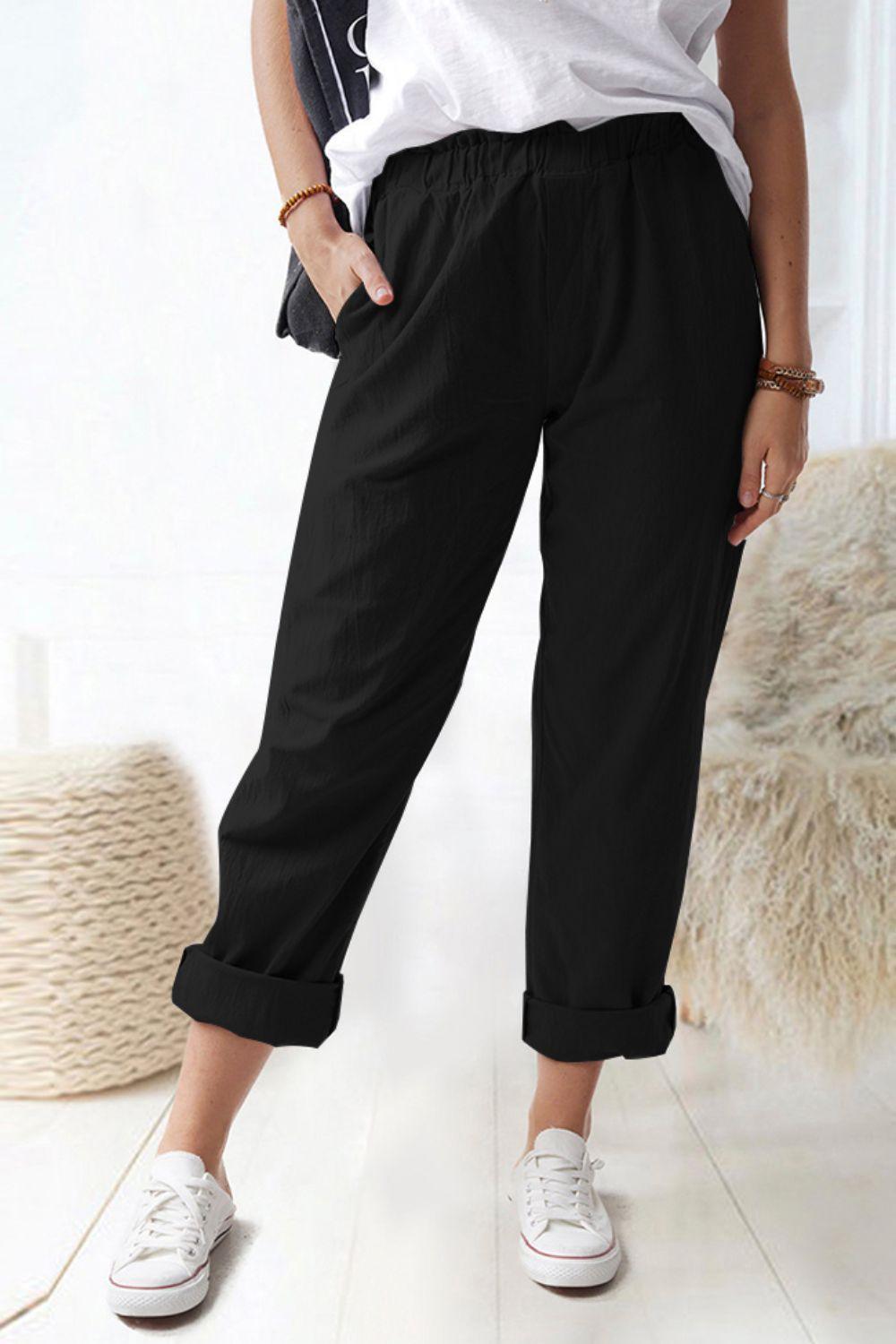 Shiny Paperbag Waist Pull-On Pants with Pockets - Clothes For Her Online Store