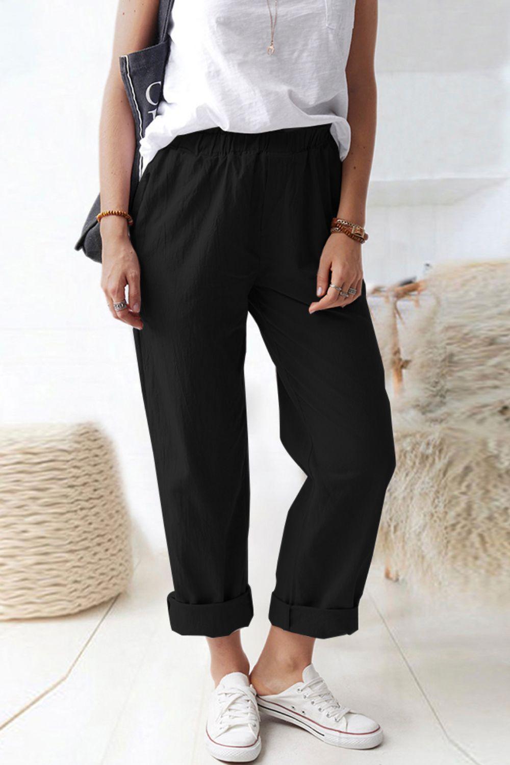 Shiny Paperbag Waist Pull-On Pants with Pockets - Clothes For Her Online Store