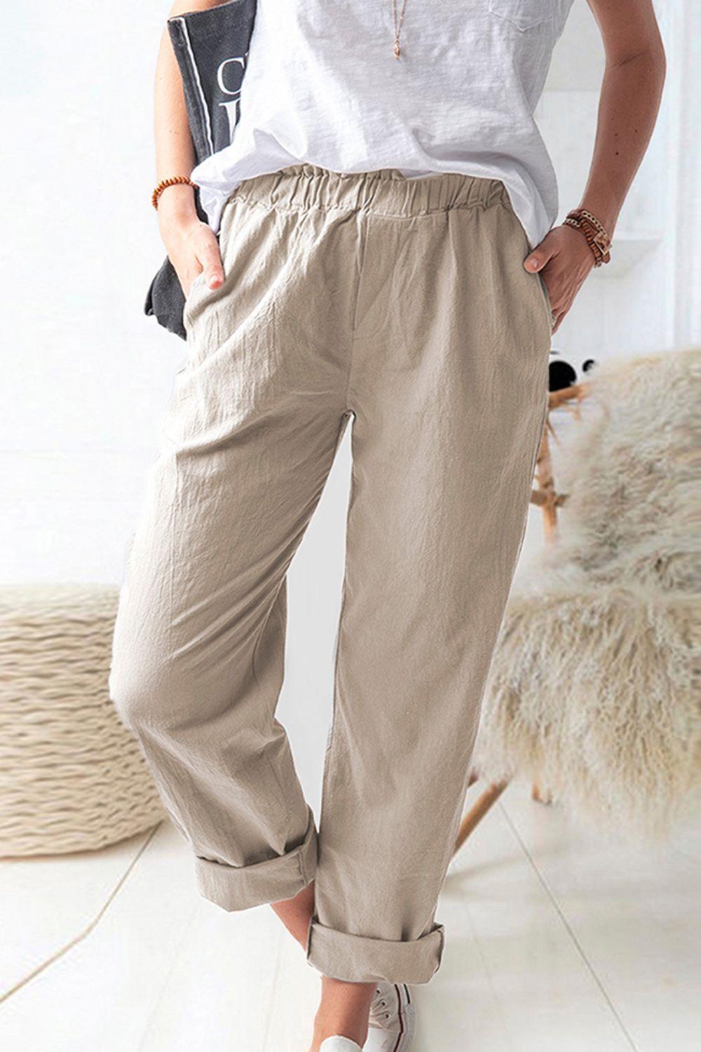 Shiny Paperbag Waist Pull-On Pants with Pockets - Clothes For Her Online Store