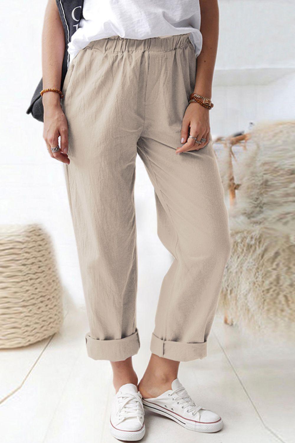 Shiny Paperbag Waist Pull-On Pants with Pockets - Clothes For Her Online Store