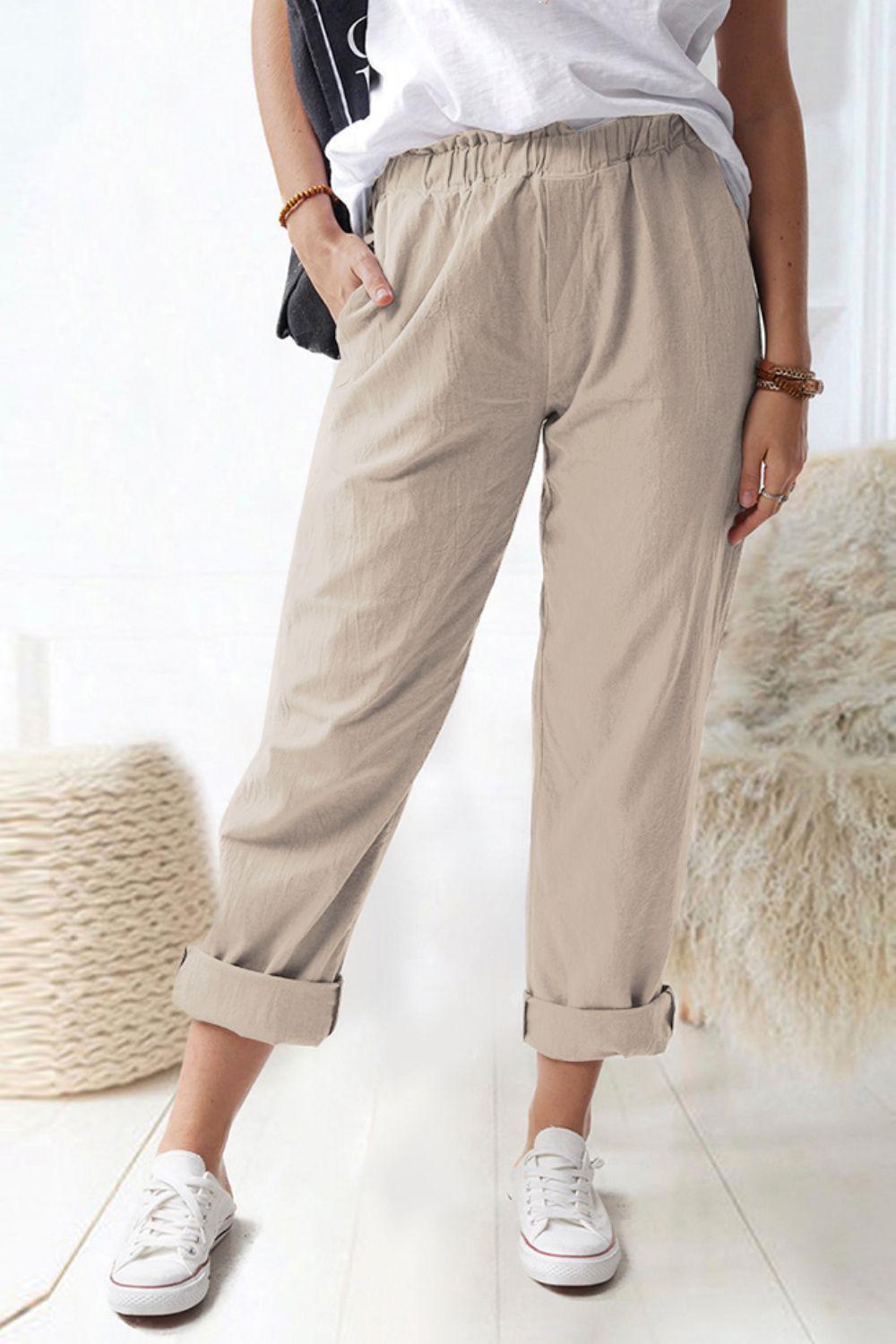 Shiny Paperbag Waist Pull-On Pants with Pockets - Clothes For Her Online Store