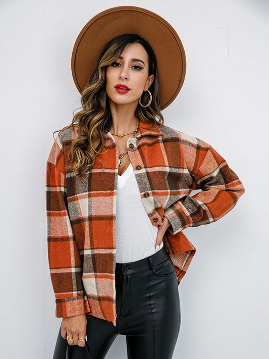 Shiny Plaid Button Up Collared Neck Jacket - Clothes For Her Online Store