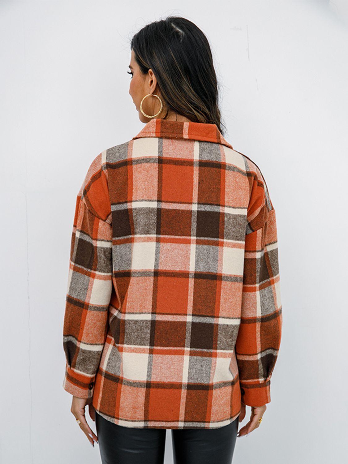 Shiny Plaid Button Up Collared Neck Jacket - Clothes For Her Online Store