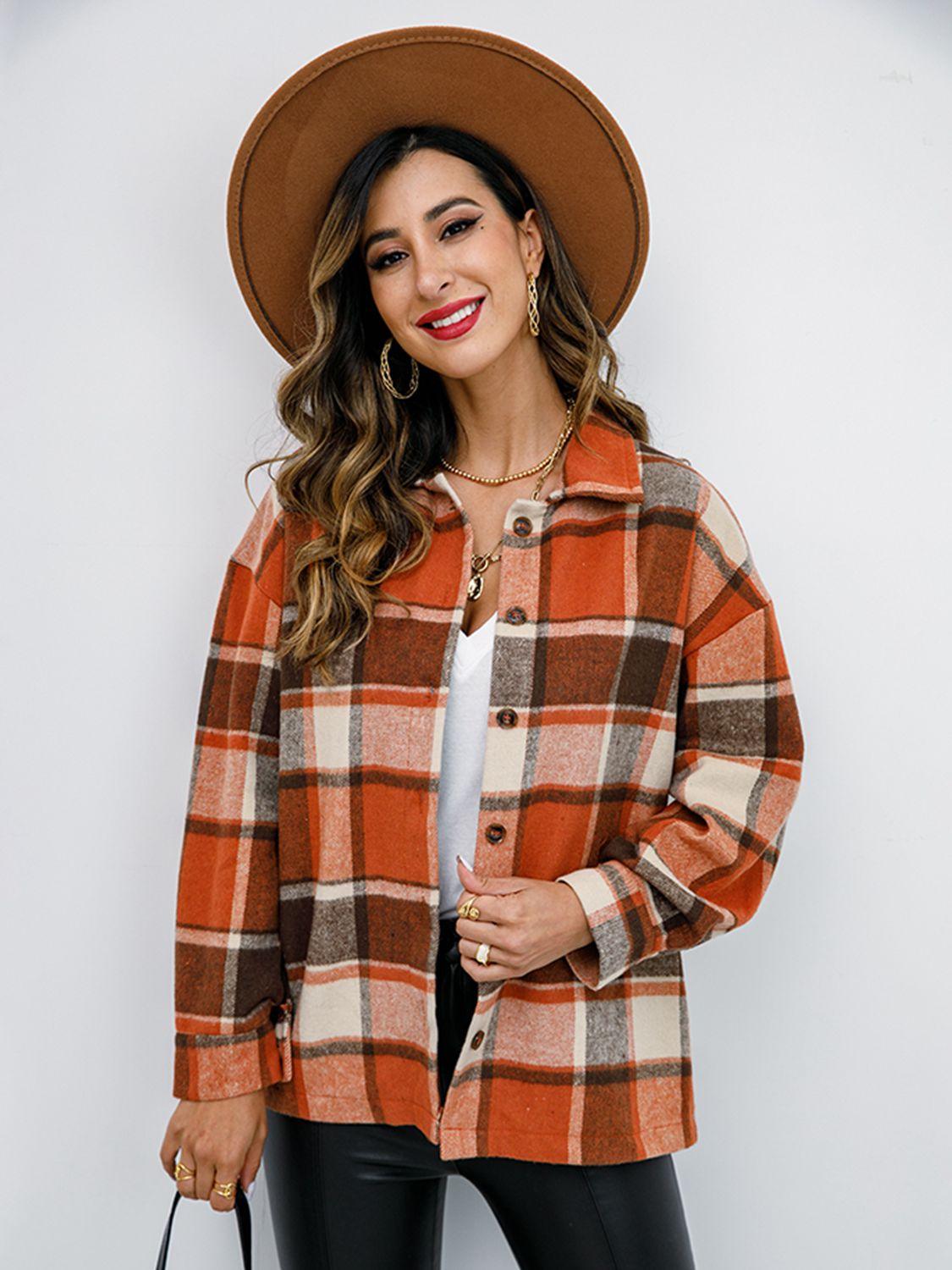 Shiny Plaid Button Up Collared Neck Jacket - Clothes For Her Online Store