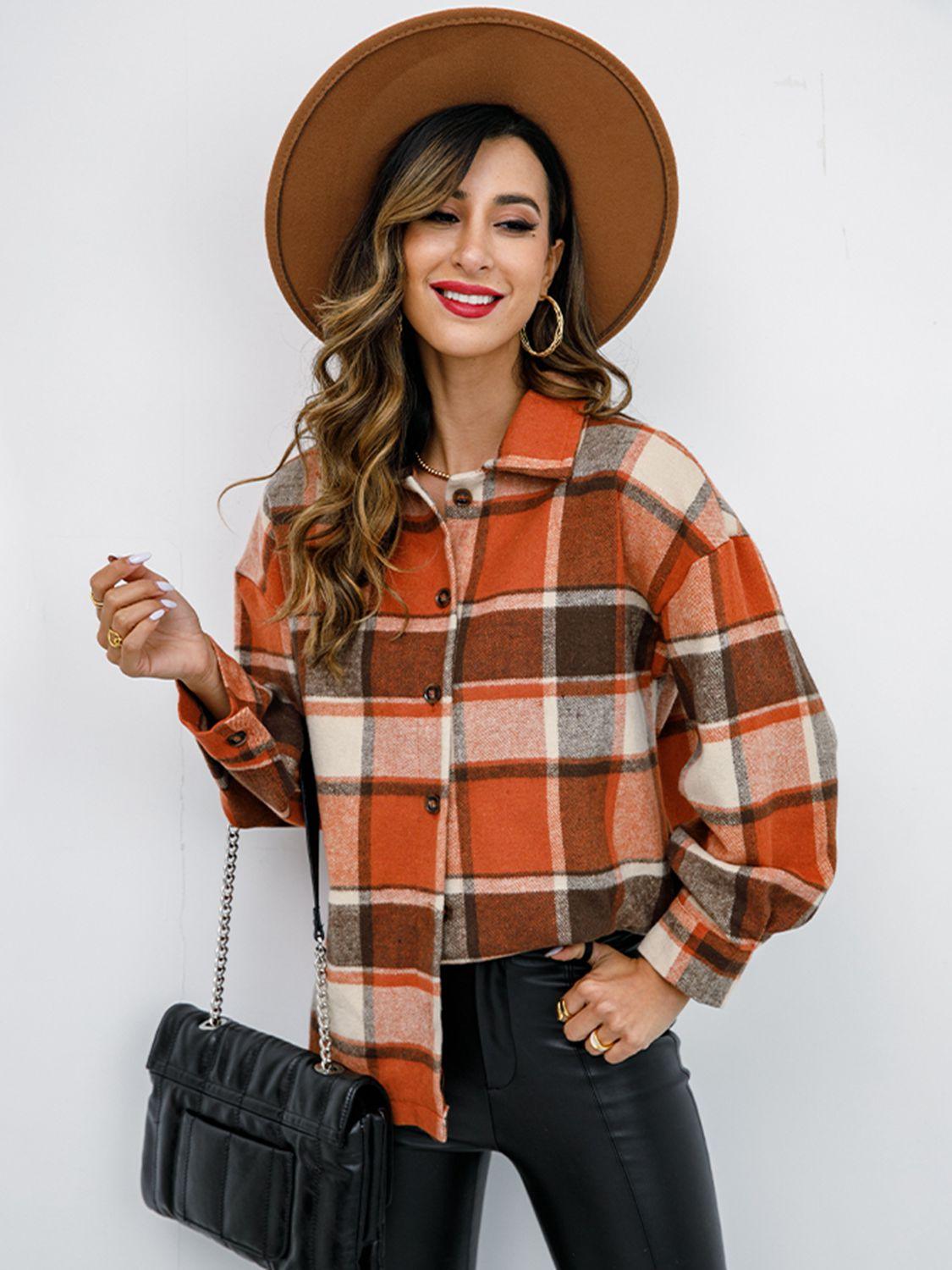 Shiny Plaid Button Up Collared Neck Jacket - Clothes For Her Online Store