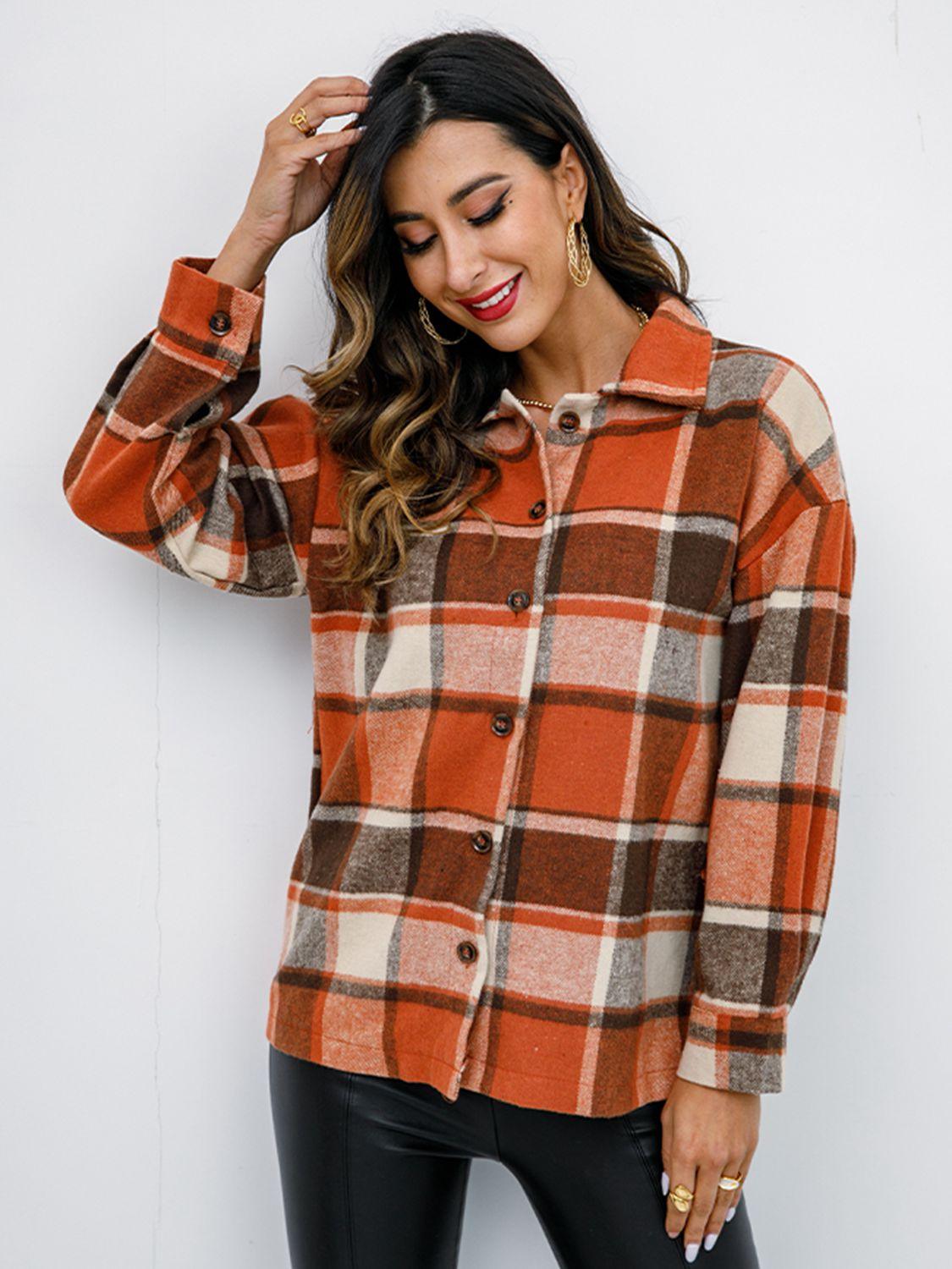 Shiny Plaid Button Up Collared Neck Jacket - Clothes For Her Online Store