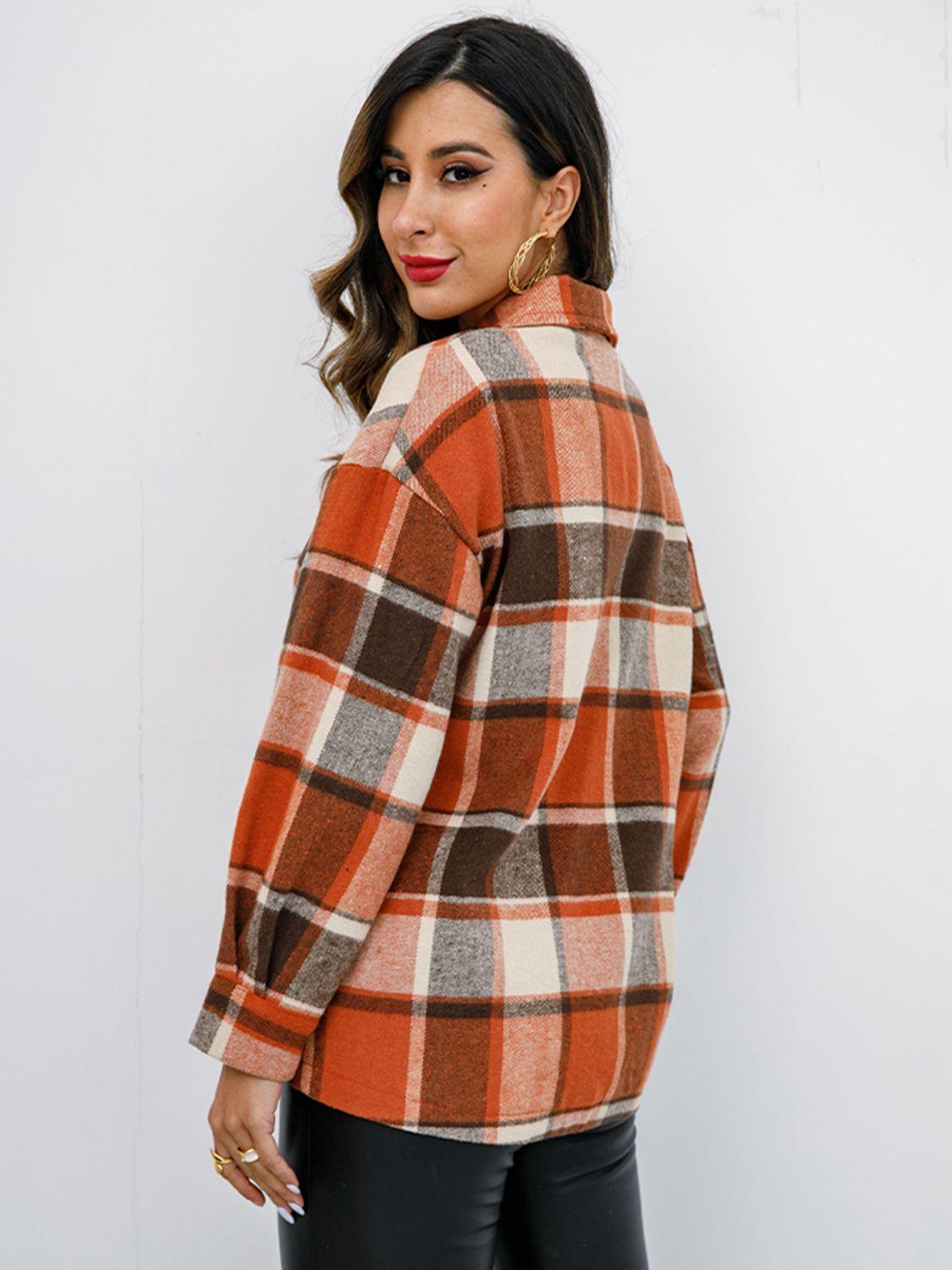 Shiny Plaid Button Up Collared Neck Jacket - Clothes For Her Online Store