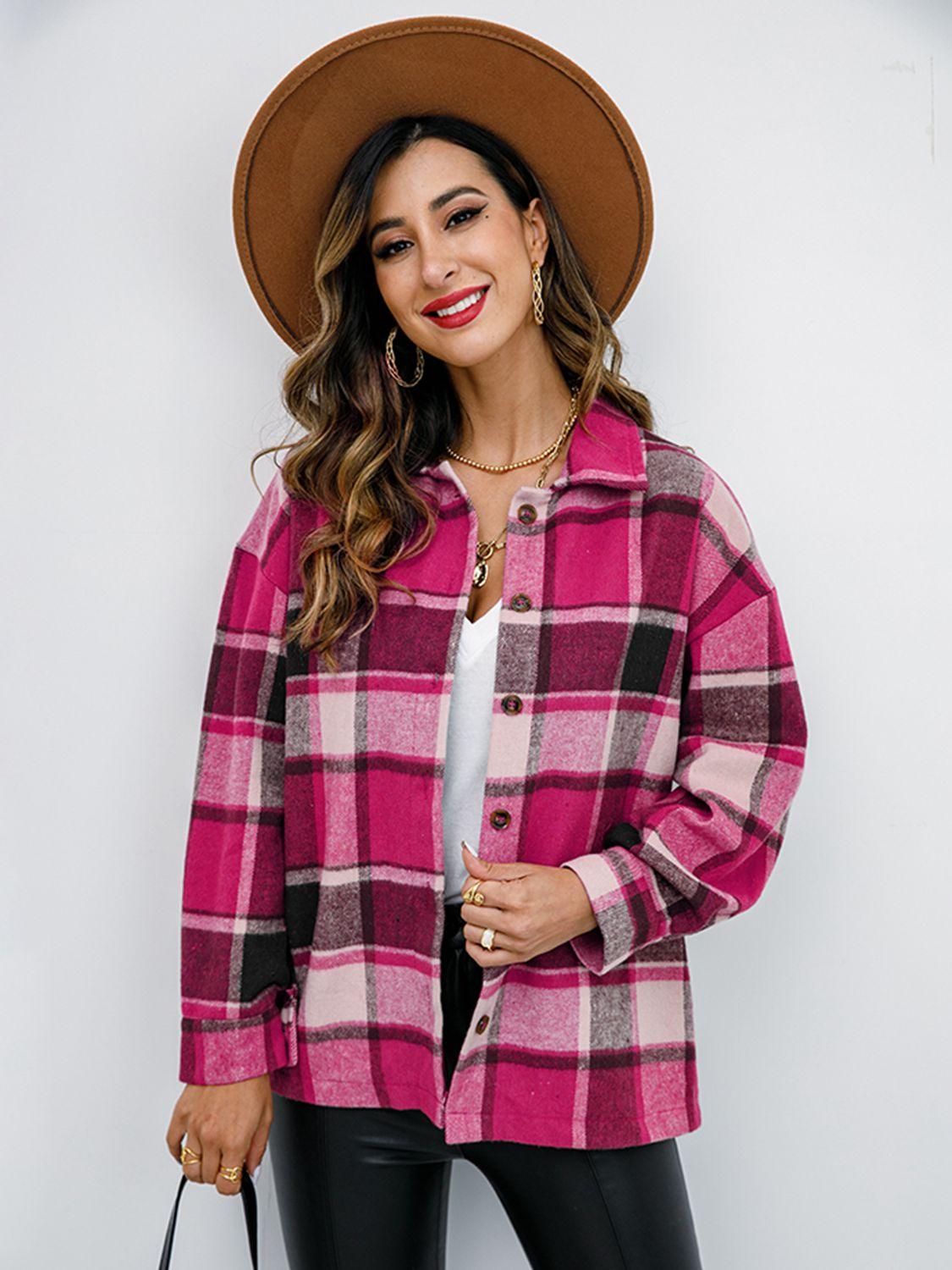 Shiny Plaid Button Up Collared Neck Jacket - Clothes For Her Online Store