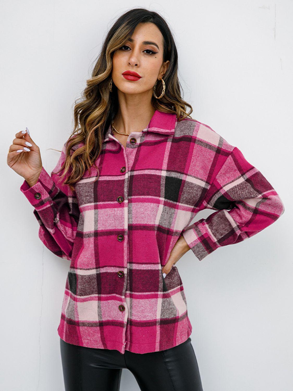 Shiny Plaid Button Up Collared Neck Jacket - Clothes For Her Online Store