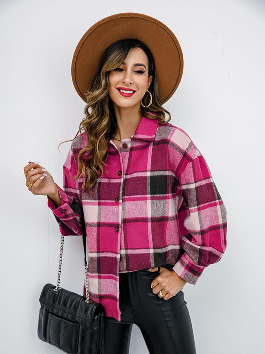 Shiny Plaid Button Up Collared Neck Jacket - Clothes For Her Online Store