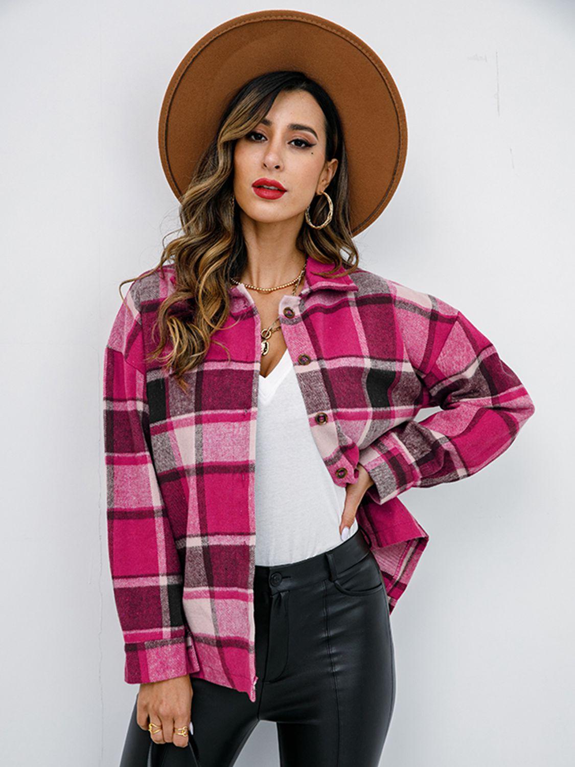 Shiny Plaid Button Up Collared Neck Jacket - Clothes For Her Online Store