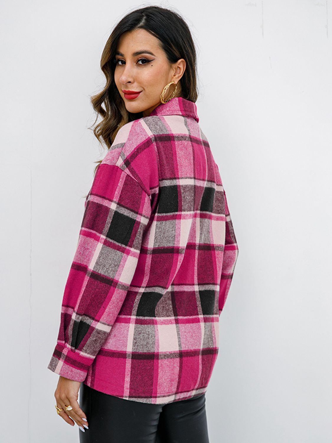 Shiny Plaid Button Up Collared Neck Jacket - Clothes For Her Online Store