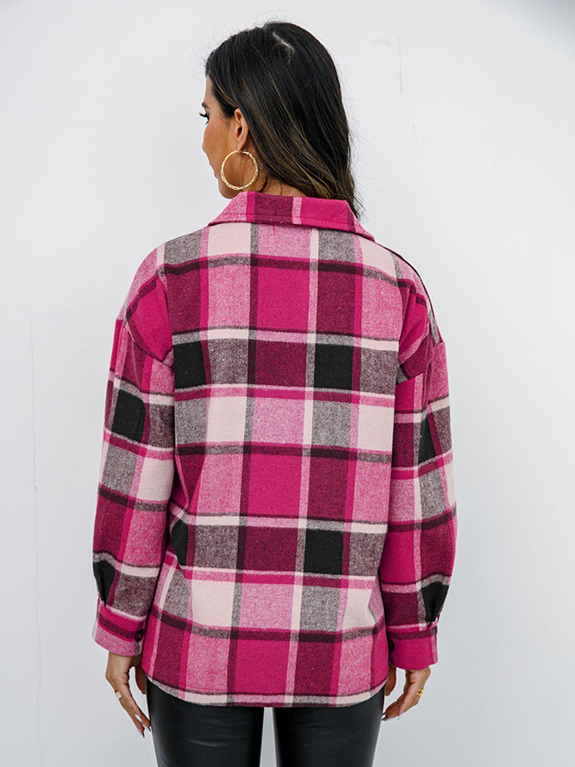 Shiny Plaid Button Up Collared Neck Jacket - Clothes For Her Online Store