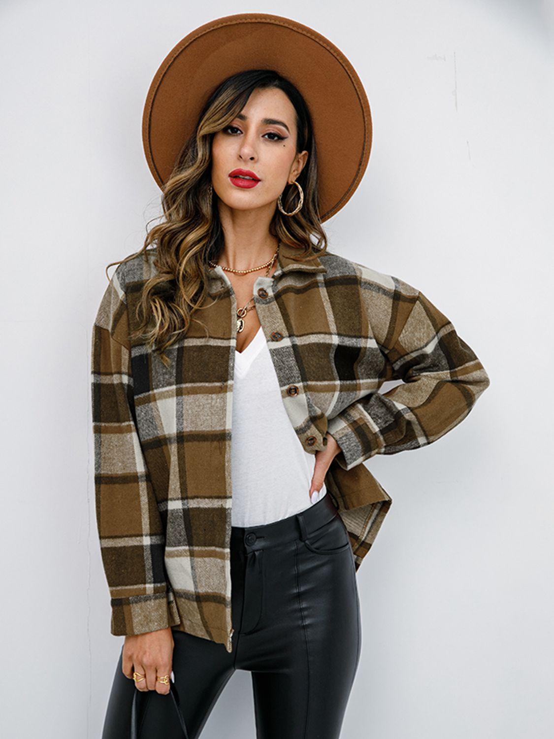 Shiny Plaid Button Up Collared Neck Jacket - Clothes For Her Online Store