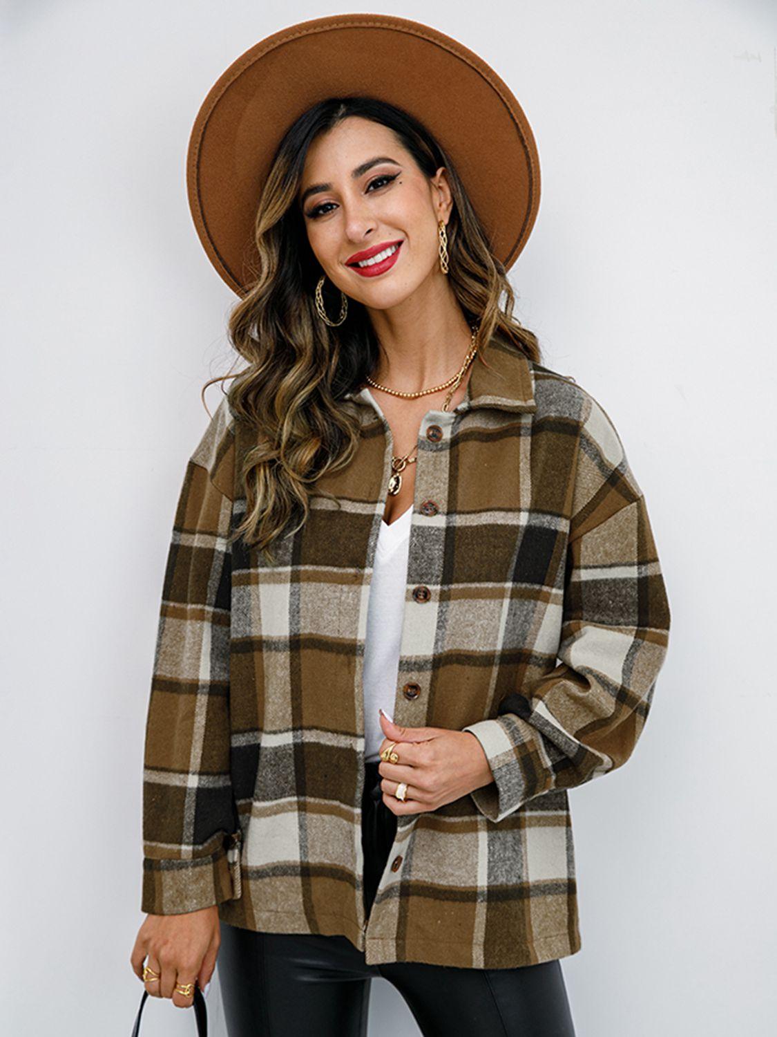 Shiny Plaid Button Up Collared Neck Jacket - Clothes For Her Online Store
