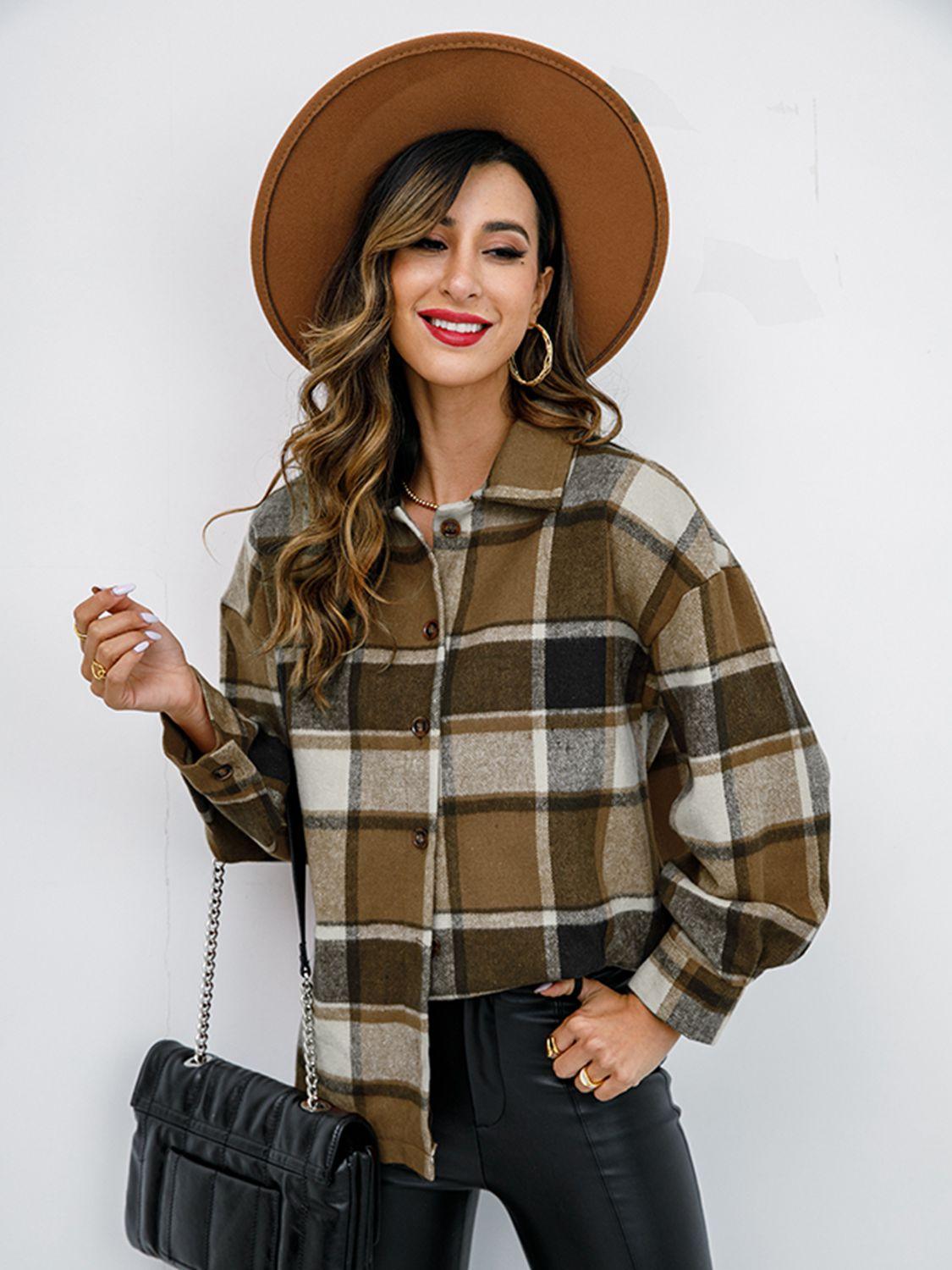 Shiny Plaid Button Up Collared Neck Jacket - Clothes For Her Online Store