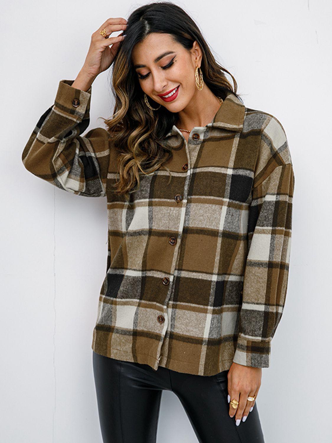 Shiny Plaid Button Up Collared Neck Jacket - Clothes For Her Online Store