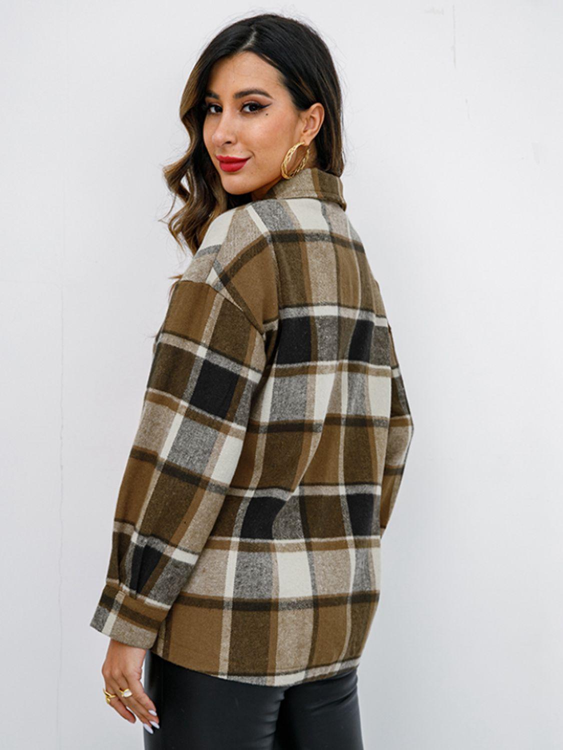 Shiny Plaid Button Up Collared Neck Jacket - Clothes For Her Online Store