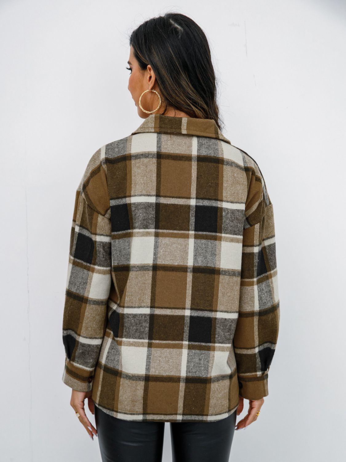 Shiny Plaid Button Up Collared Neck Jacket - Clothes For Her Online Store