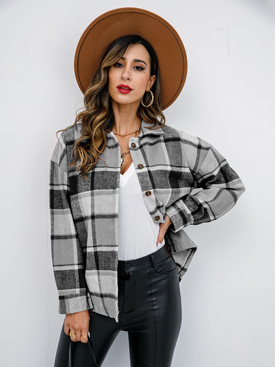 Shiny Plaid Button Up Collared Neck Jacket - Clothes For Her Online Store