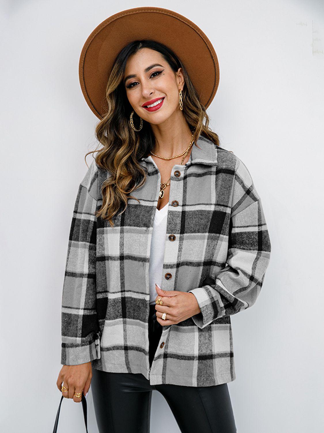 Shiny Plaid Button Up Collared Neck Jacket - Clothes For Her Online Store