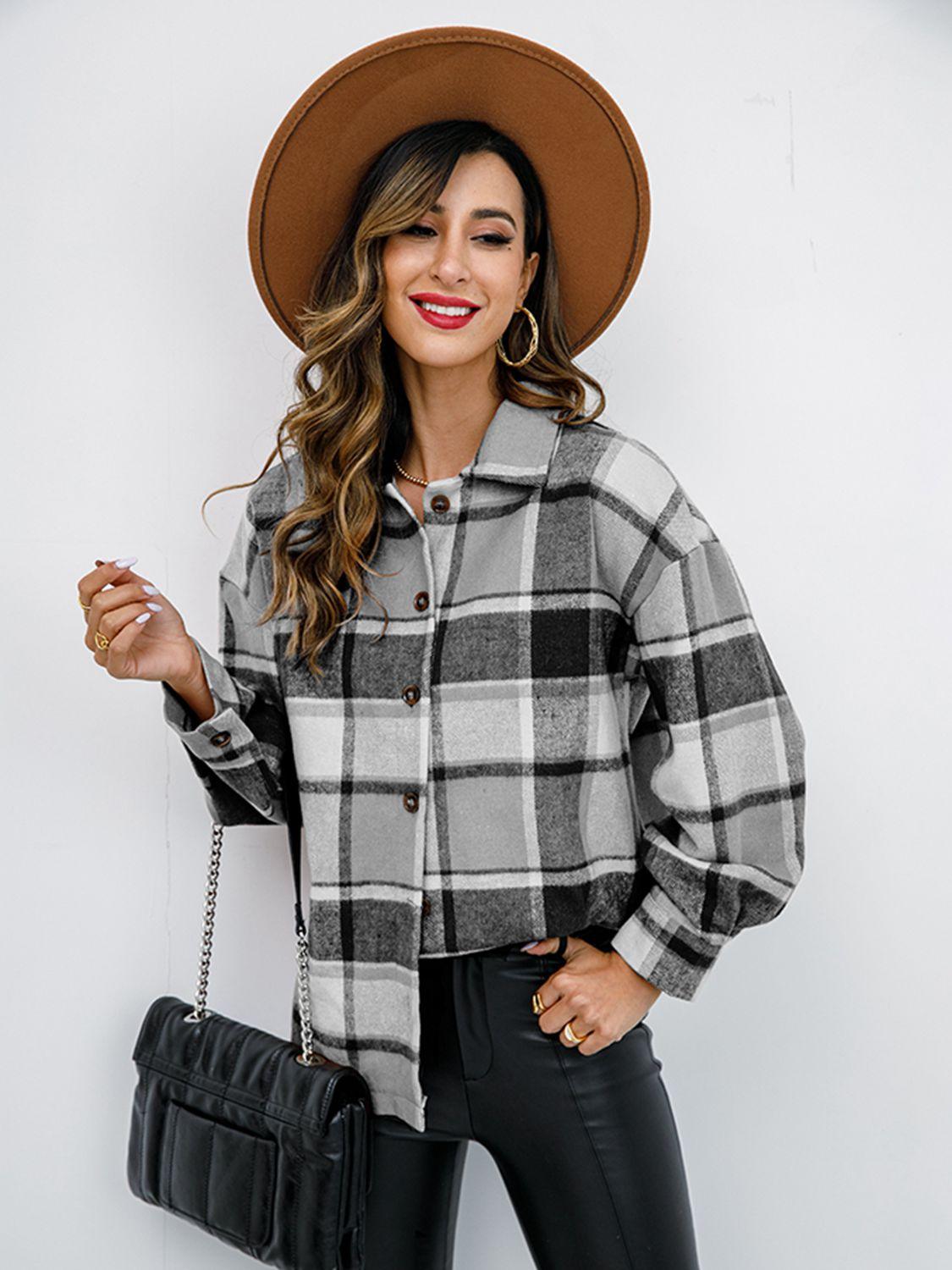 Shiny Plaid Button Up Collared Neck Jacket - Clothes For Her Online Store