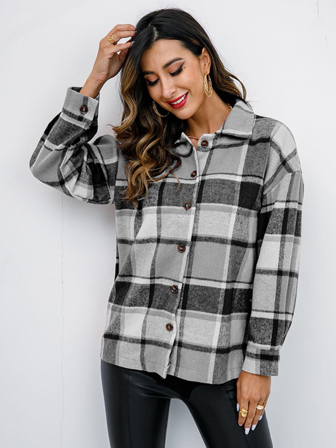Shiny Plaid Button Up Collared Neck Jacket - Clothes For Her Online Store