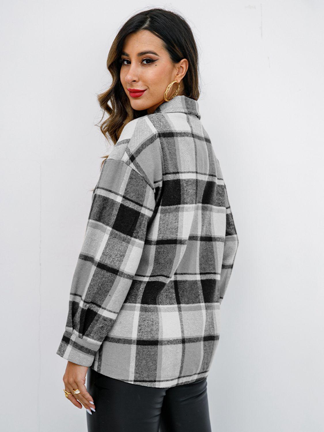 Shiny Plaid Button Up Collared Neck Jacket - Clothes For Her Online Store