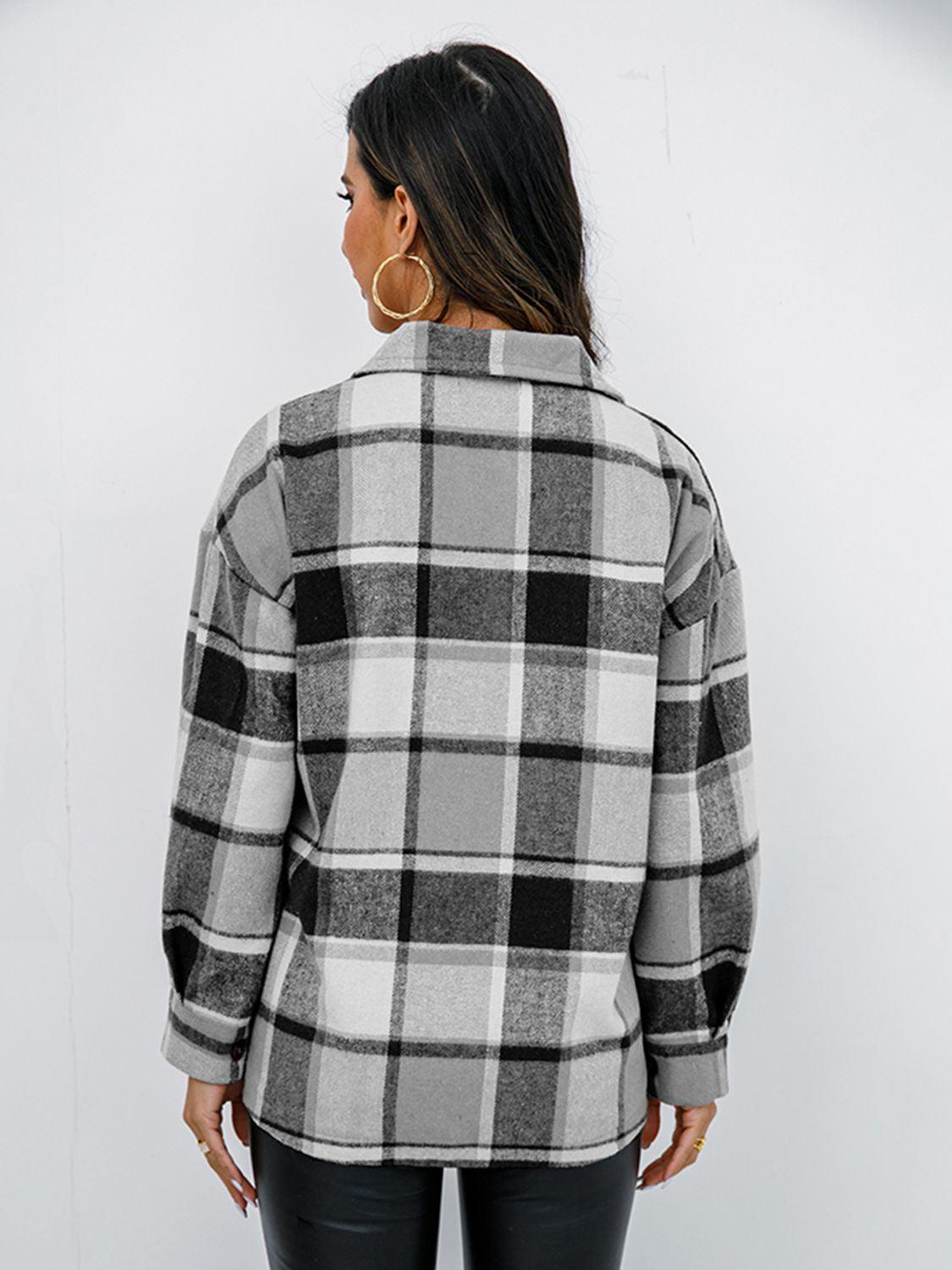 Shiny Plaid Button Up Collared Neck Jacket - Clothes For Her Online Store
