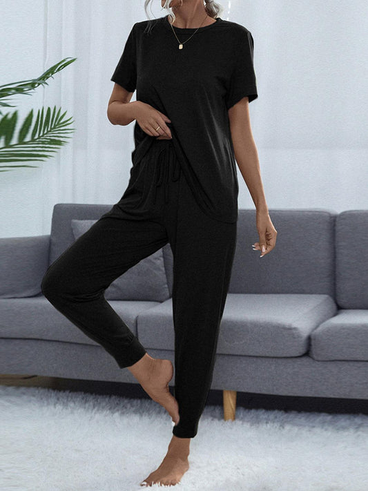 Shiny Round Neck Short Sleeve Top and Pants Set - Clothes For Her Online Store