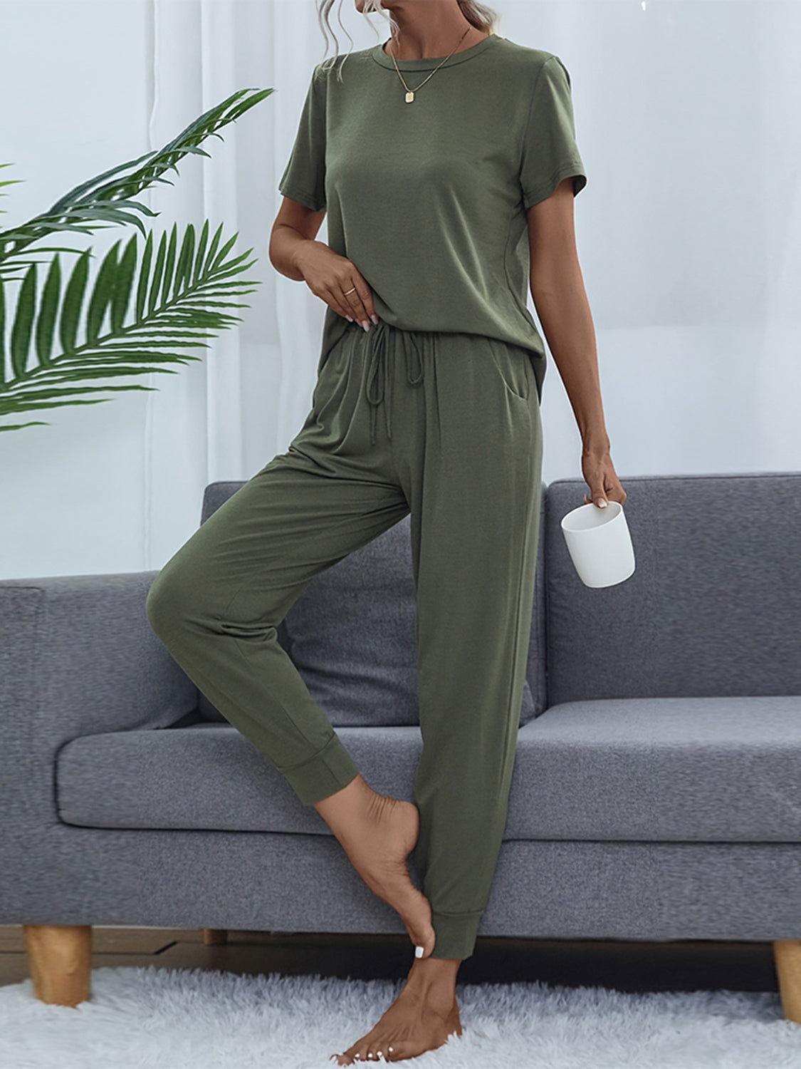Shiny Round Neck Short Sleeve Top and Pants Set - Clothes For Her Online Store