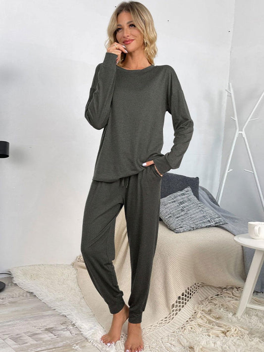 Shiny Round Neck Top and Drawstring Pants Lounge Set - Clothes For Her Online Store