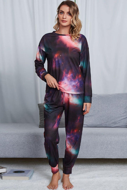 Shiny Tie-Dye Crewneck Top and Drawstring Waist Joggers Lounge Set - Clothes For Her Online Store
